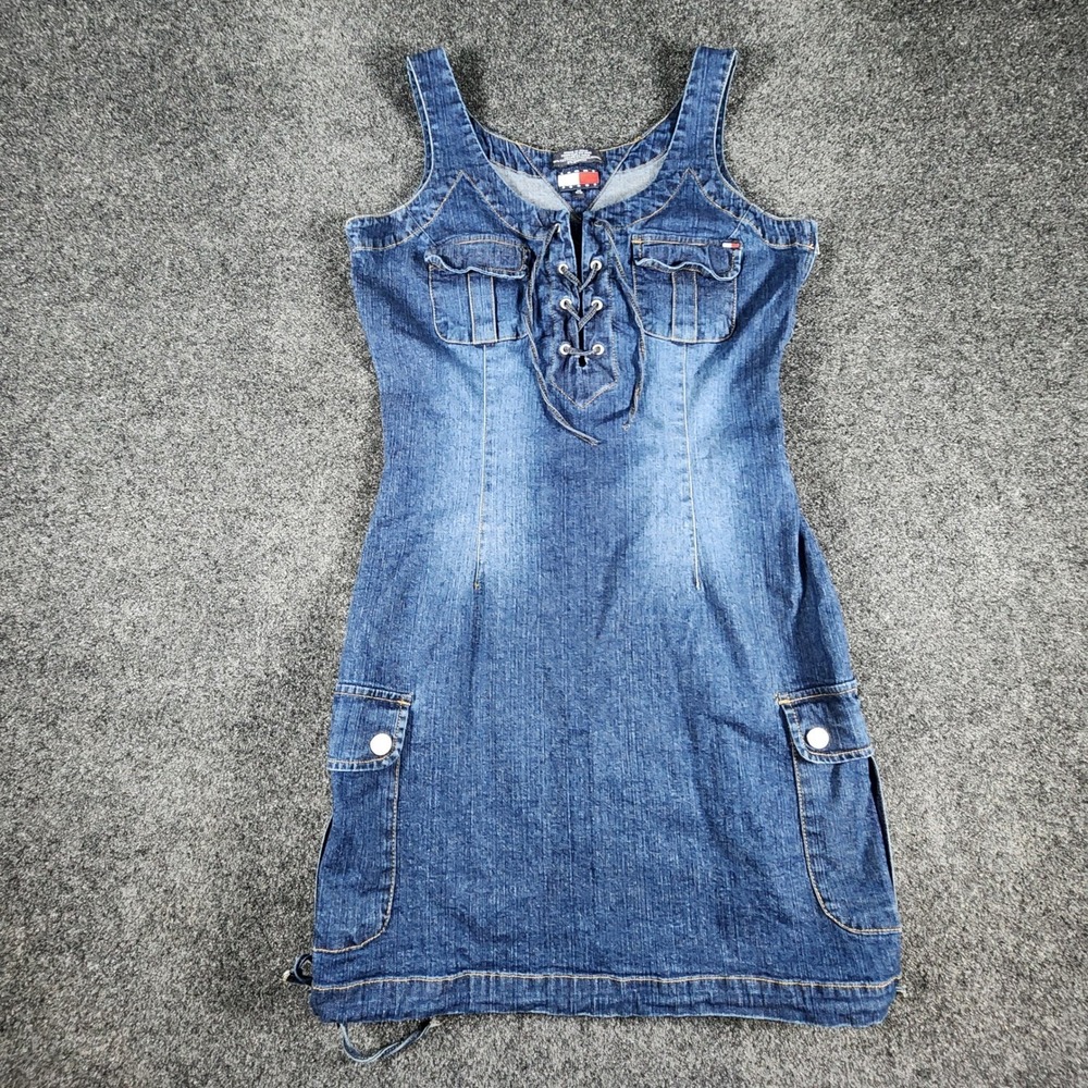Tommy Jeans Womens Vintage 2003 Denim Mini Dress‎ Lace Up Cargo Blue Medium